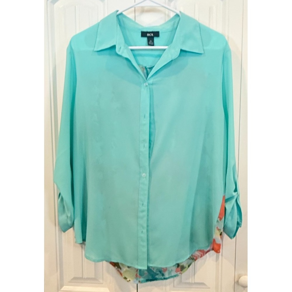 BCX Women's XL Turquoise Floral Mixed Media Button Front Blouse Top Sheer Boho